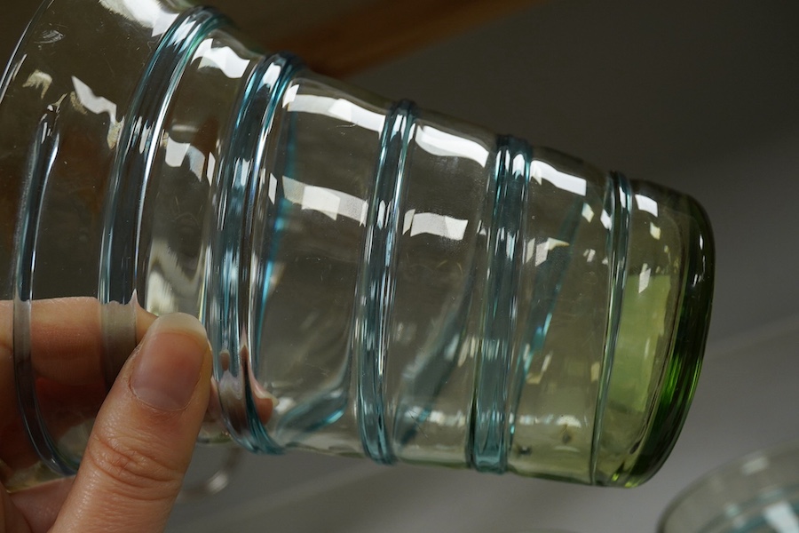 Three Barnaby Powell for Whitefriars trailed glass pieces, vase 14cm high. Condition - good